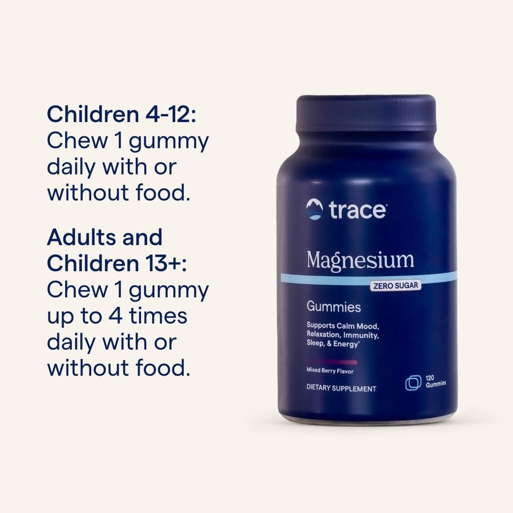 Trace Minerals Magnesium Gummies kid dosage illustration for ages 4–12.