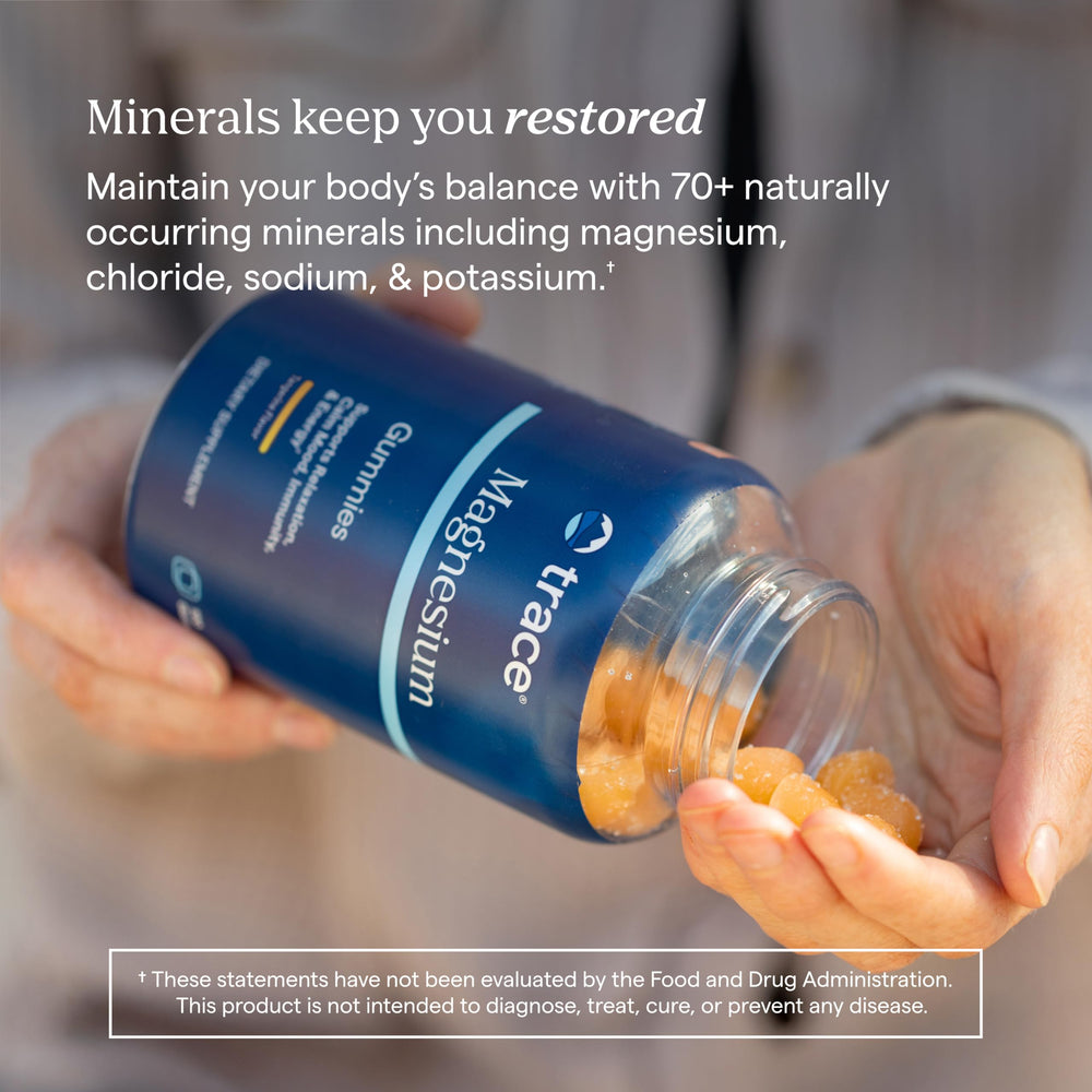 Trace Minerals Magnesium Gummies on kitchen counter for daily routine.