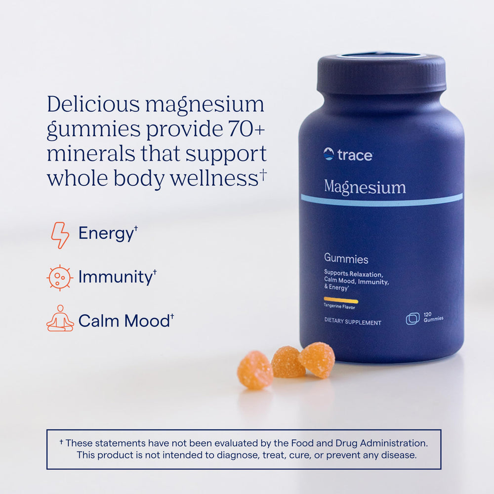 Trace Minerals Magnesium Gummies close-up showing peach-flavored gummies.