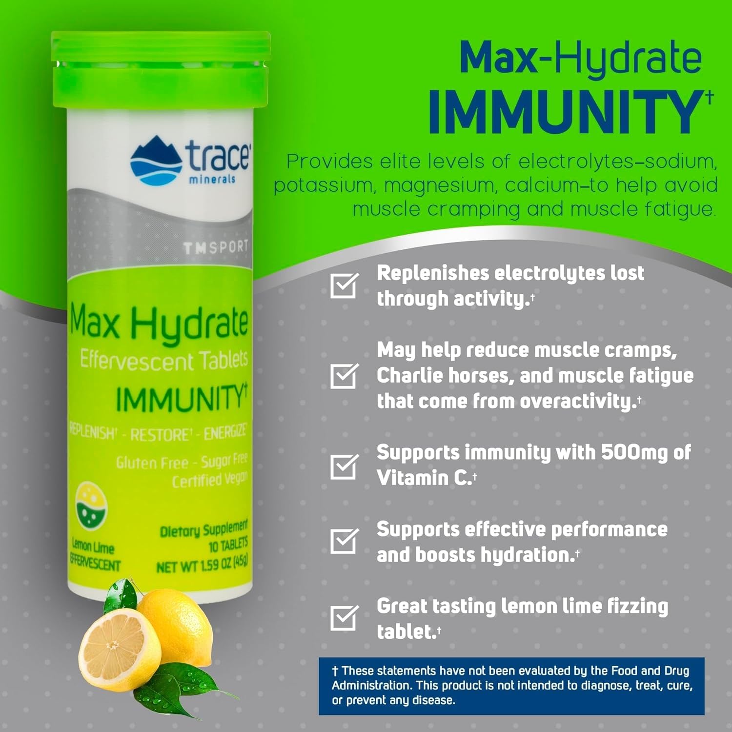 Trace Minerals Max-Hydrate Immunity lemon-lime drink glass showcasing refreshing hydration.