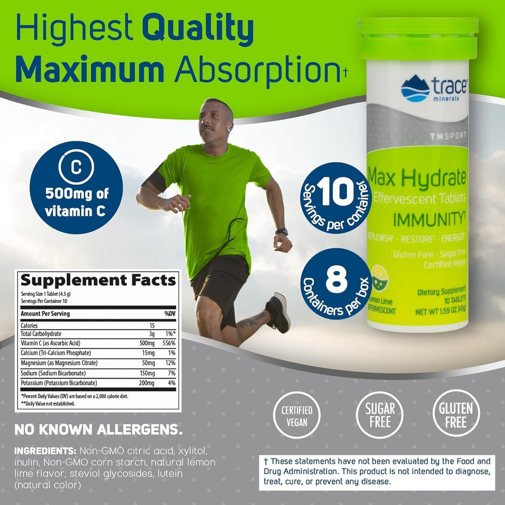 Trace Minerals Max-Hydrate Immunity tablet dissolving in water to form a refreshing fizz.
