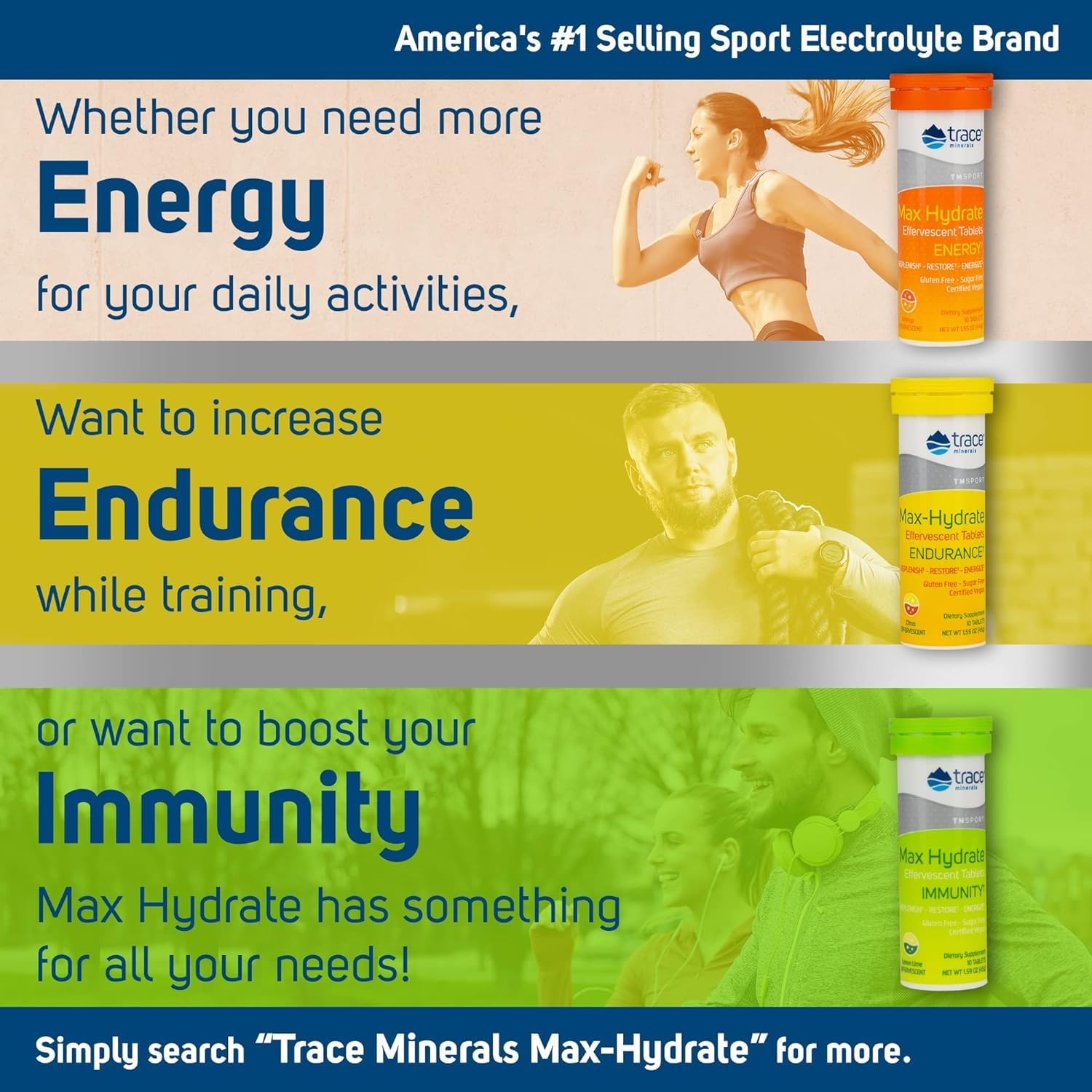 Trace Minerals Max-Hydrate Immunity tubes pack illustrating convenient immune-support hydration on the go.