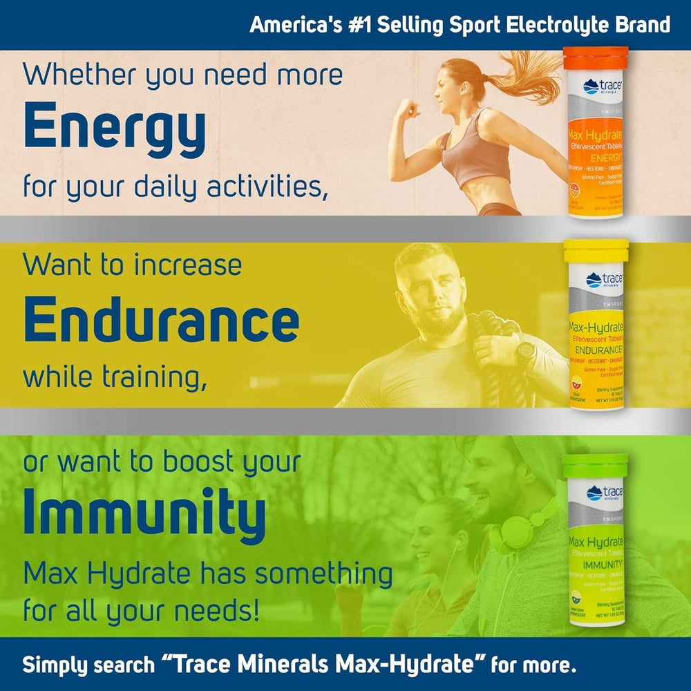 Trace Minerals Max-Hydrate Immunity tubes pack illustrating convenient immune-support hydration on the go.