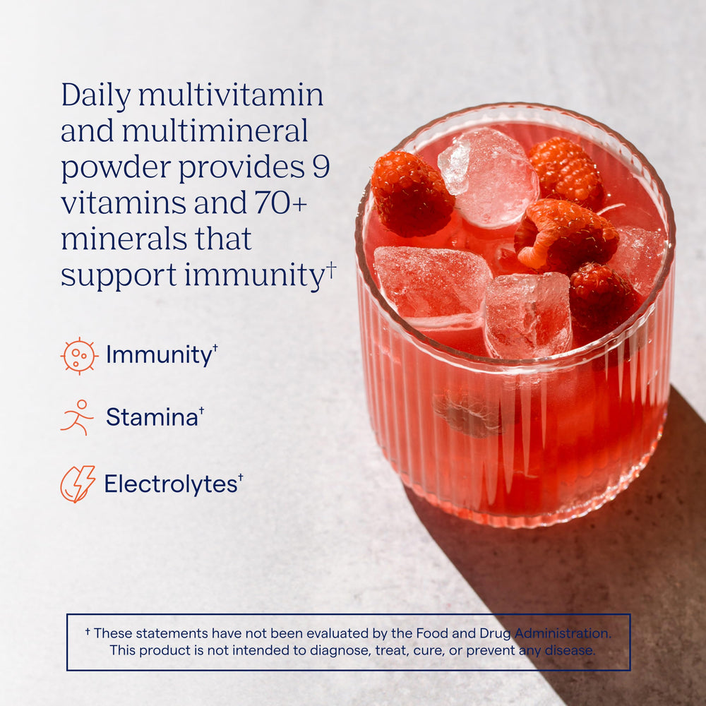 Trace Minerals Power Pak canister contents shown for comprehensive nutrition in one scoop.