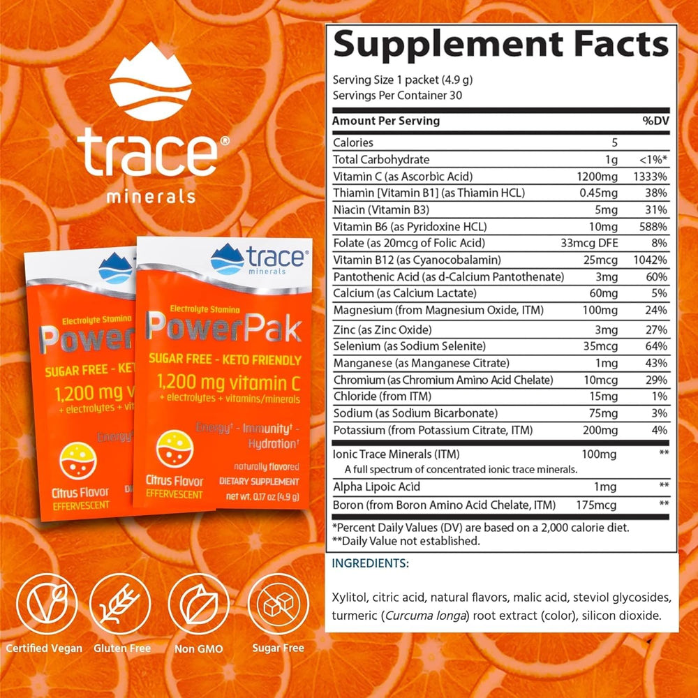 Trace Minerals Power Pak canister ready to mix for balanced electrolytes and minerals.
