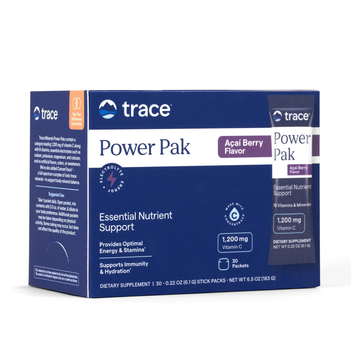 Trace Minerals Power Pak front packaging showing acai berry flavor for easy daily nutrition.