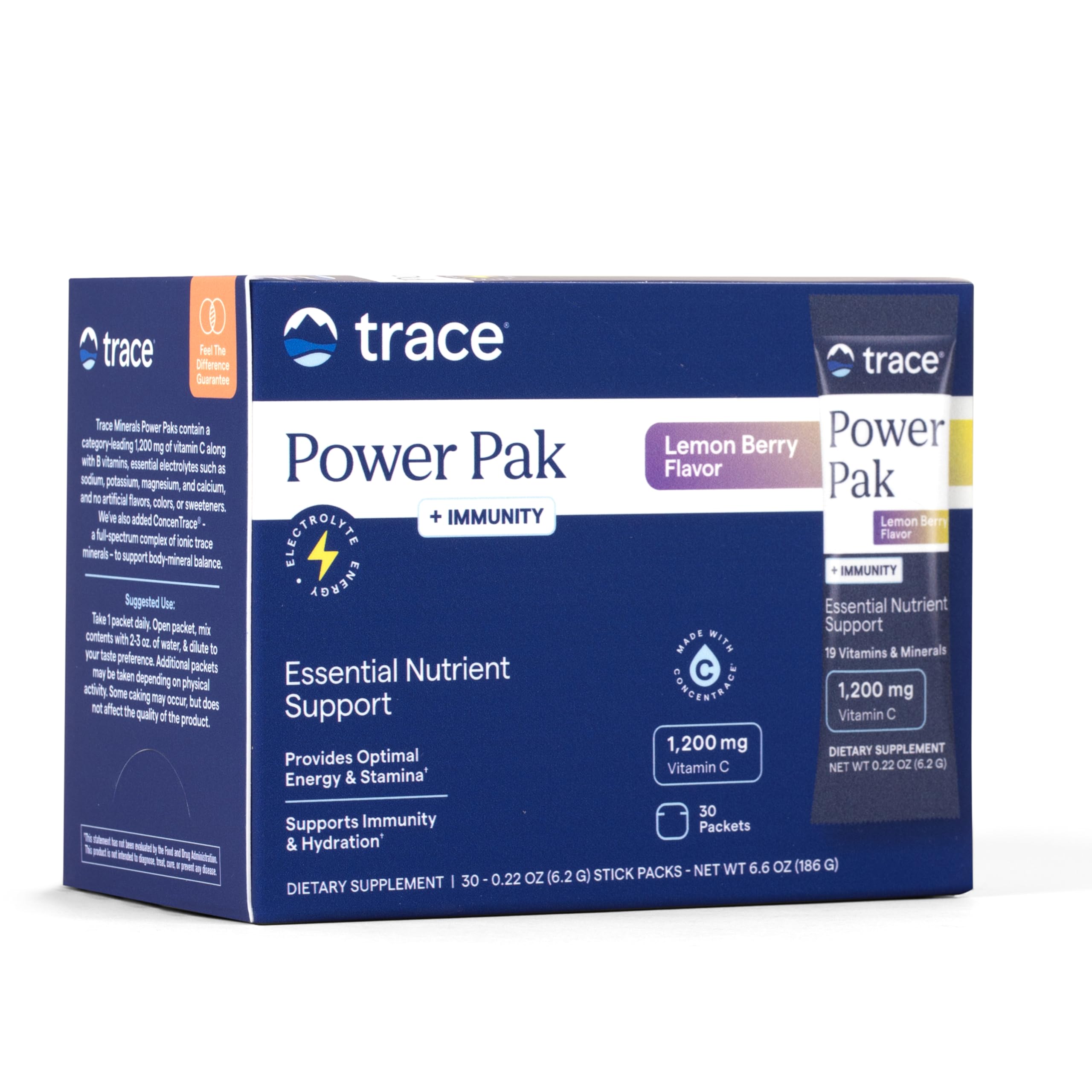 Trace Minerals Power Pak lemon berry packet ready to mix enhances daily hydration.