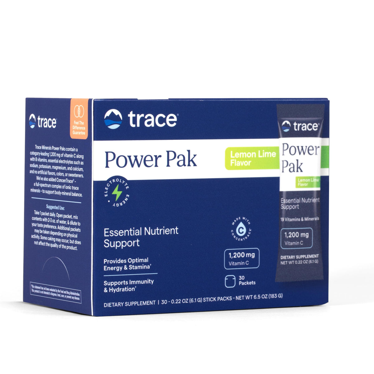Trace Minerals Power Pak lemon-lime packet for convenient daily mineral and vitamin boost.