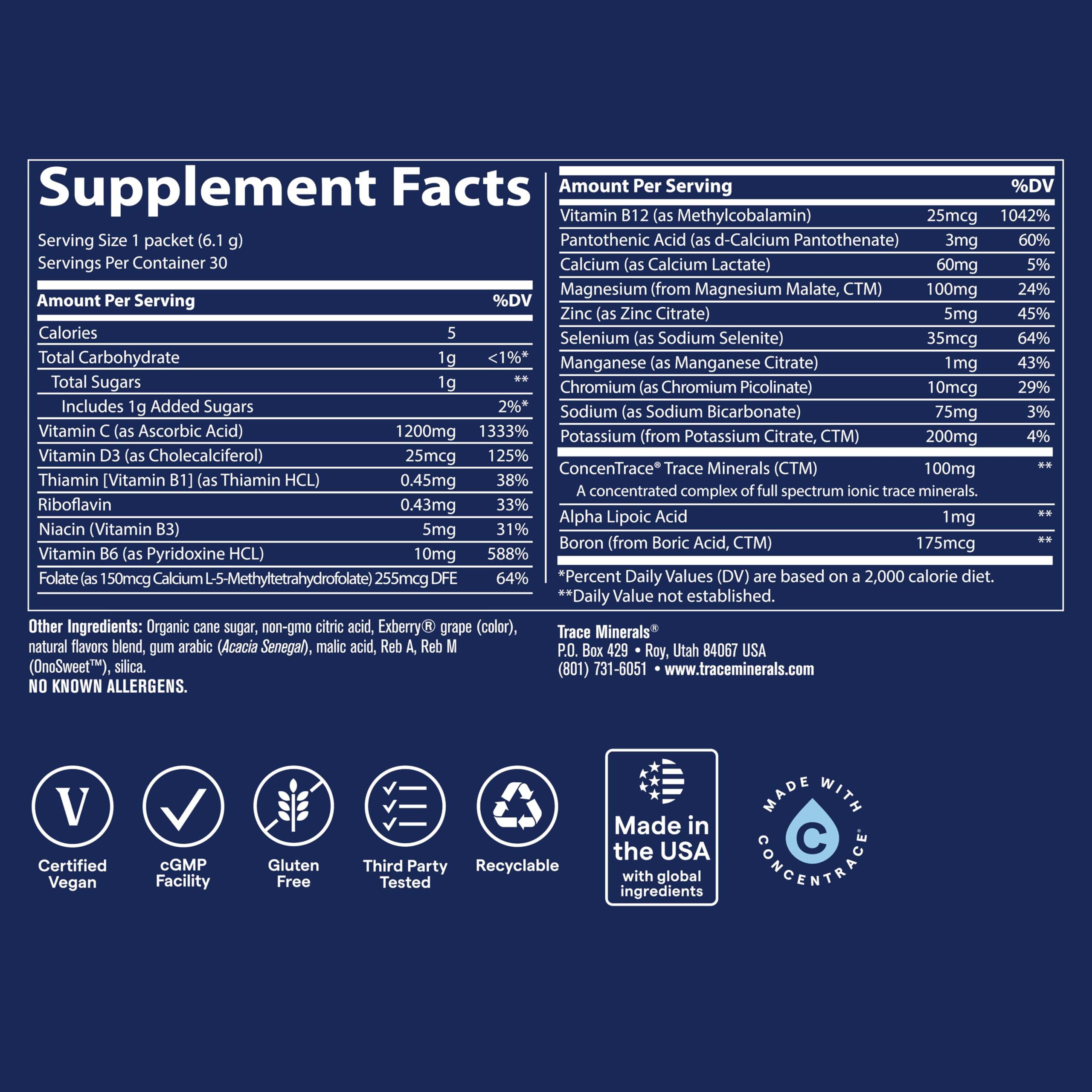 Trace Minerals Power Pak nutrition label highlights 70 plus minerals and vitamins.