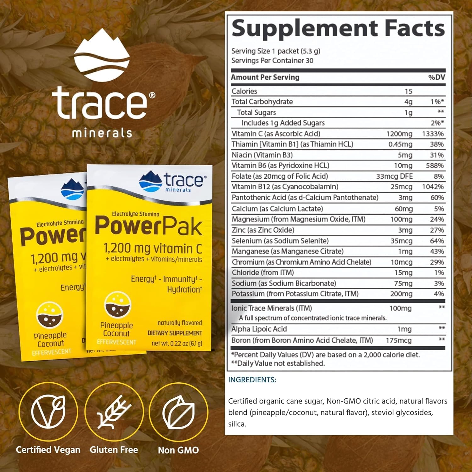 Close-up of Trace Minerals Power Pak packet label highlighting vitamin C and trace minerals.