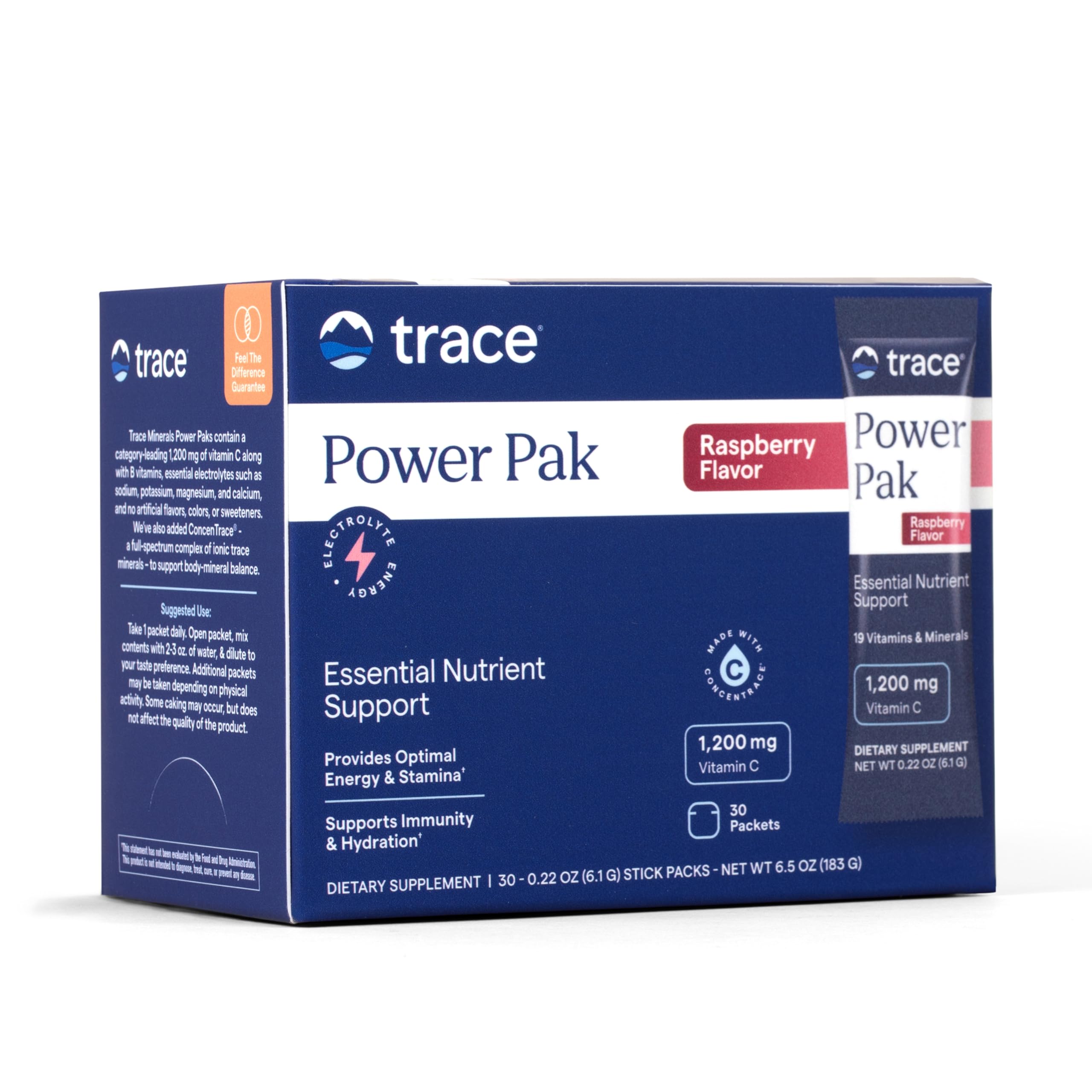 Trace Minerals Power Pak raspberry packet for quick daily vitamins and minerals on the go.