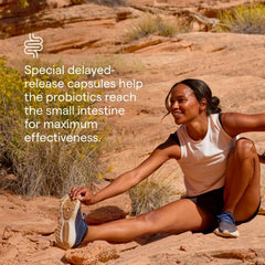 Trace Minerals Probiotic 55B enteric-coated illustration showing protection through stomach acid