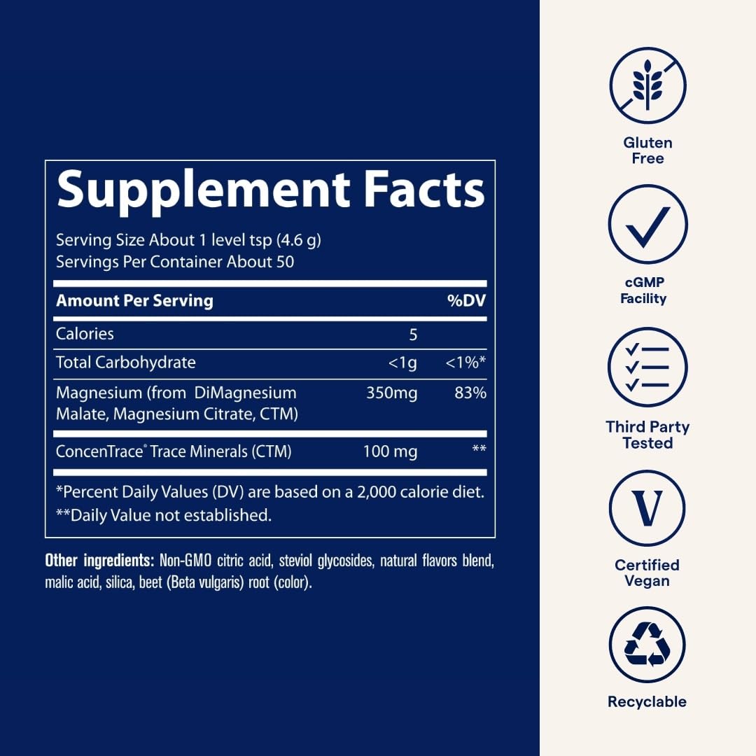 Trace Minerals Stress-X ingredients page highlights magnesium malate and citrate blend