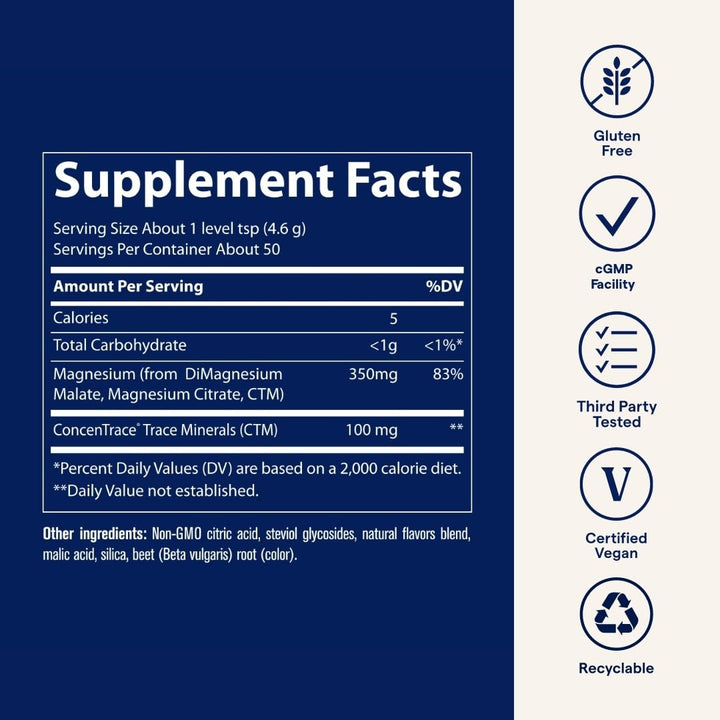 Trace Minerals Stress-X ingredients page highlights magnesium malate and citrate blend