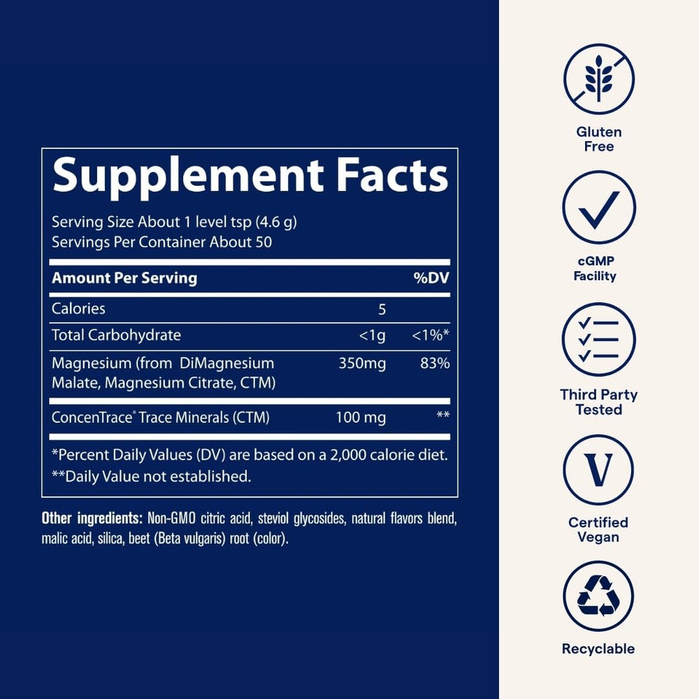 Trace Minerals Stress-X ingredients page highlights magnesium malate and citrate blend
