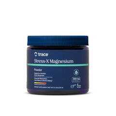 Trace Minerals Stress-X magnesium powder label shows raspberry lemon flavor and vegan, non-GMO attributes