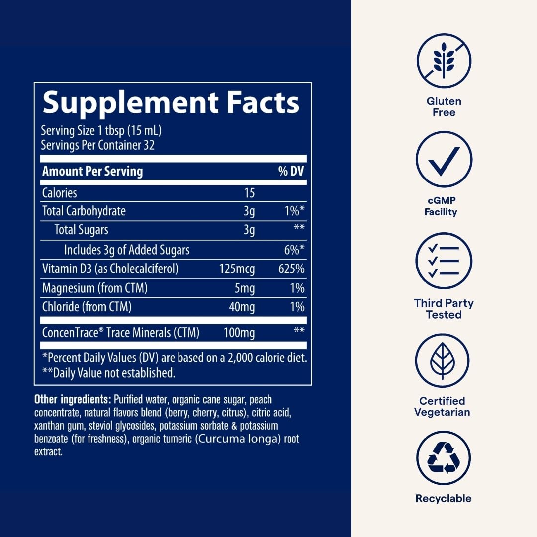 Trace Minerals Vitamin D3 bottle on kitchen counter beside a water glass