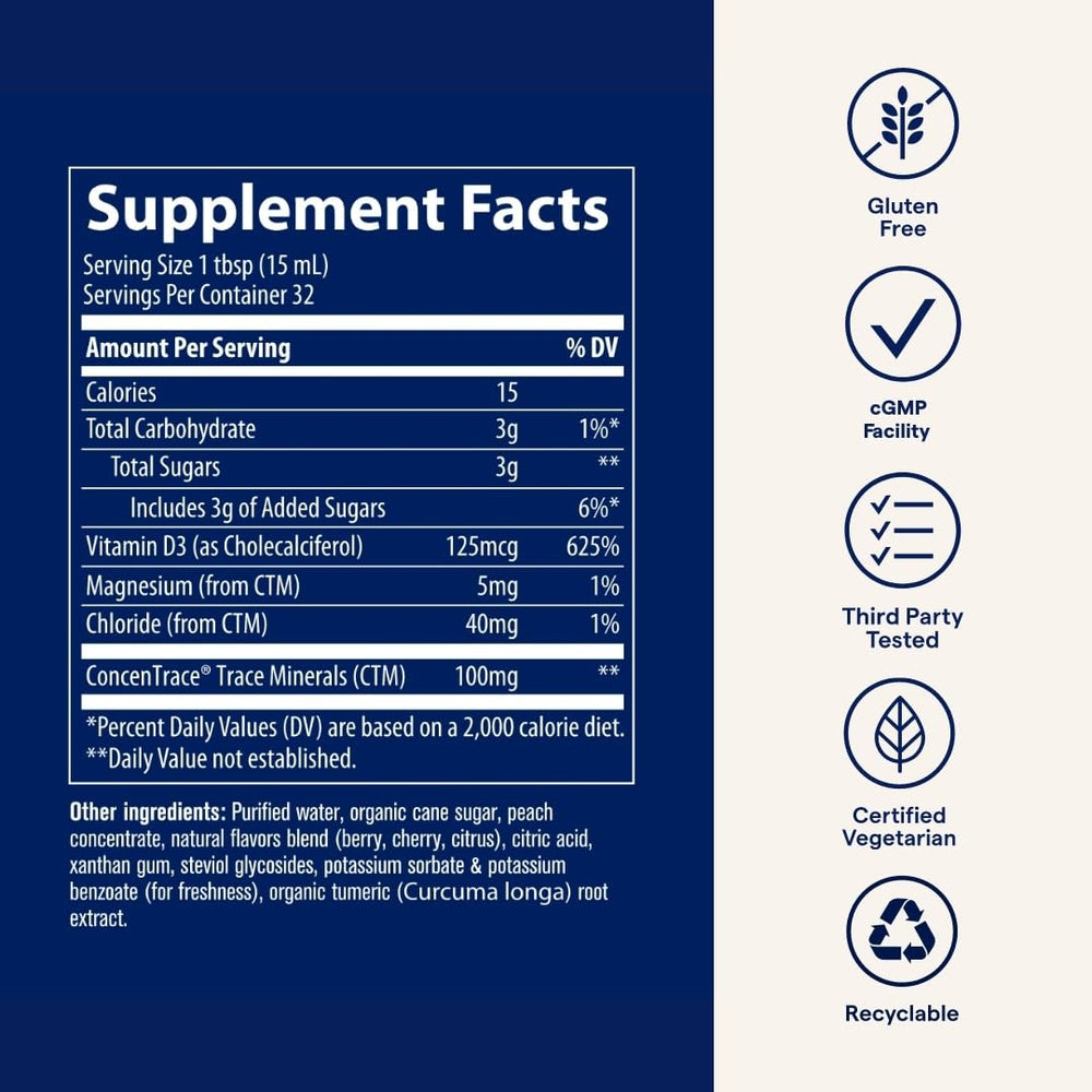 Trace Minerals Vitamin D3 bottle on kitchen counter beside a water glass