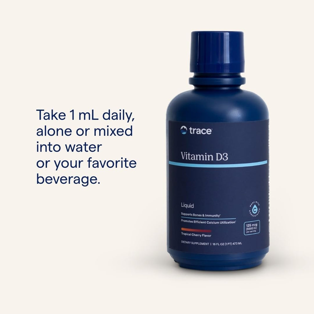 Trace Minerals Vitamin D3 bottle label close-up highlights dosage and ingredients