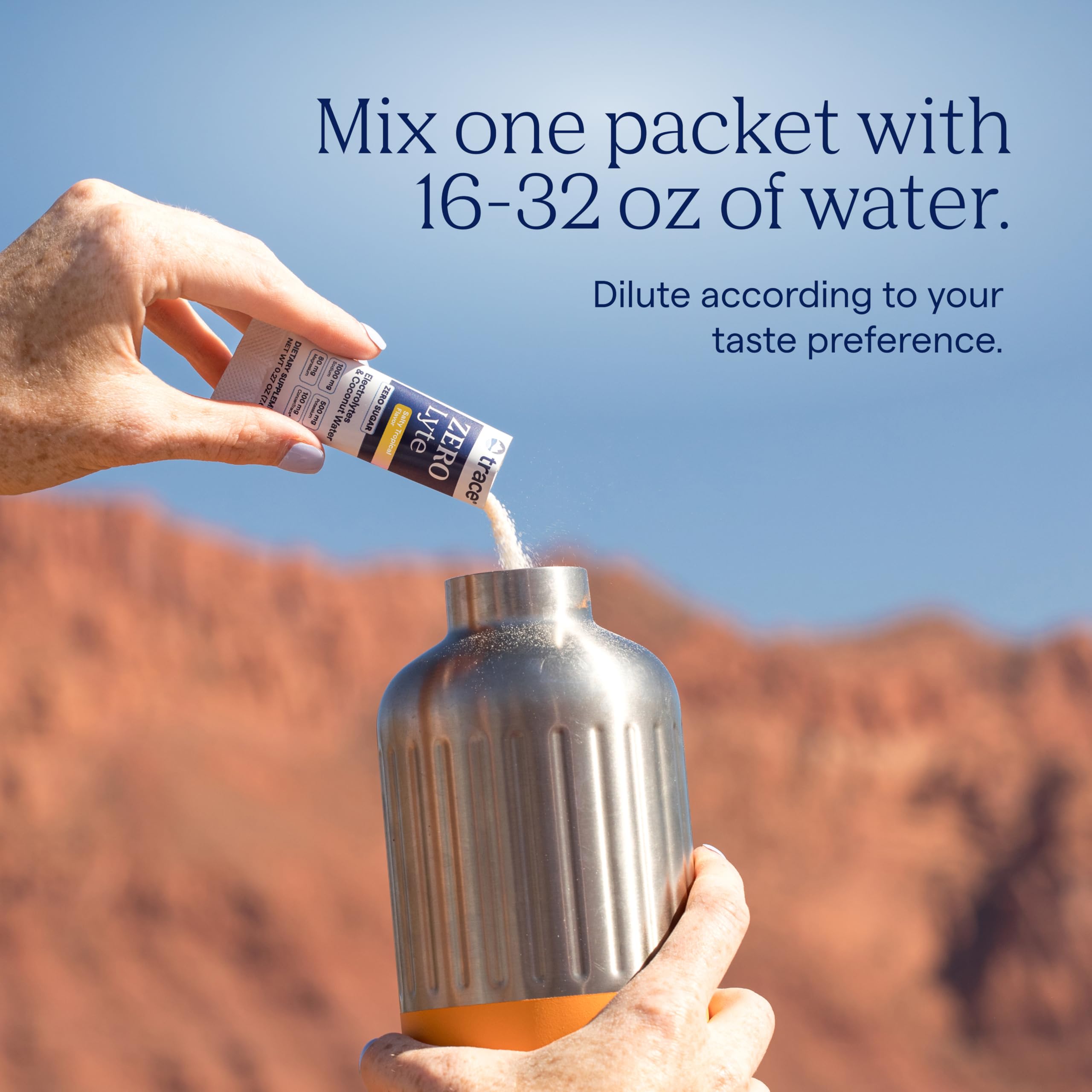 Trace Minerals ZeroLyte mix in glass illustrating coconut water flavor and clarity.