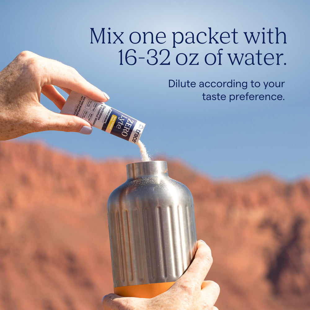 Trace Minerals ZeroLyte mix in glass illustrating coconut water flavor and clarity.