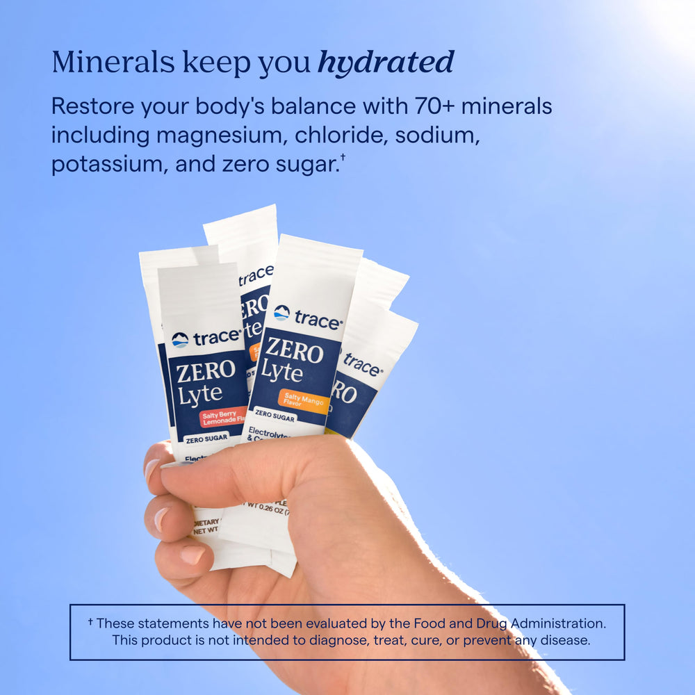 Trace Minerals ZeroLyte coconut-water-powder emphasizes full mineral spectrum for hydration.