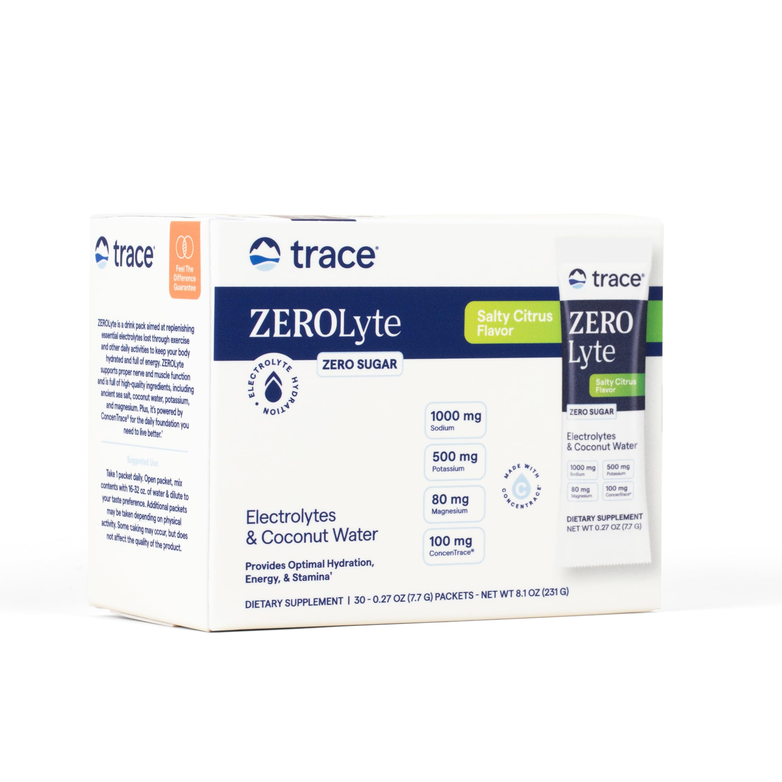 Trace Minerals ZeroLyte bottle with salty citrus for on-the-go hydration.