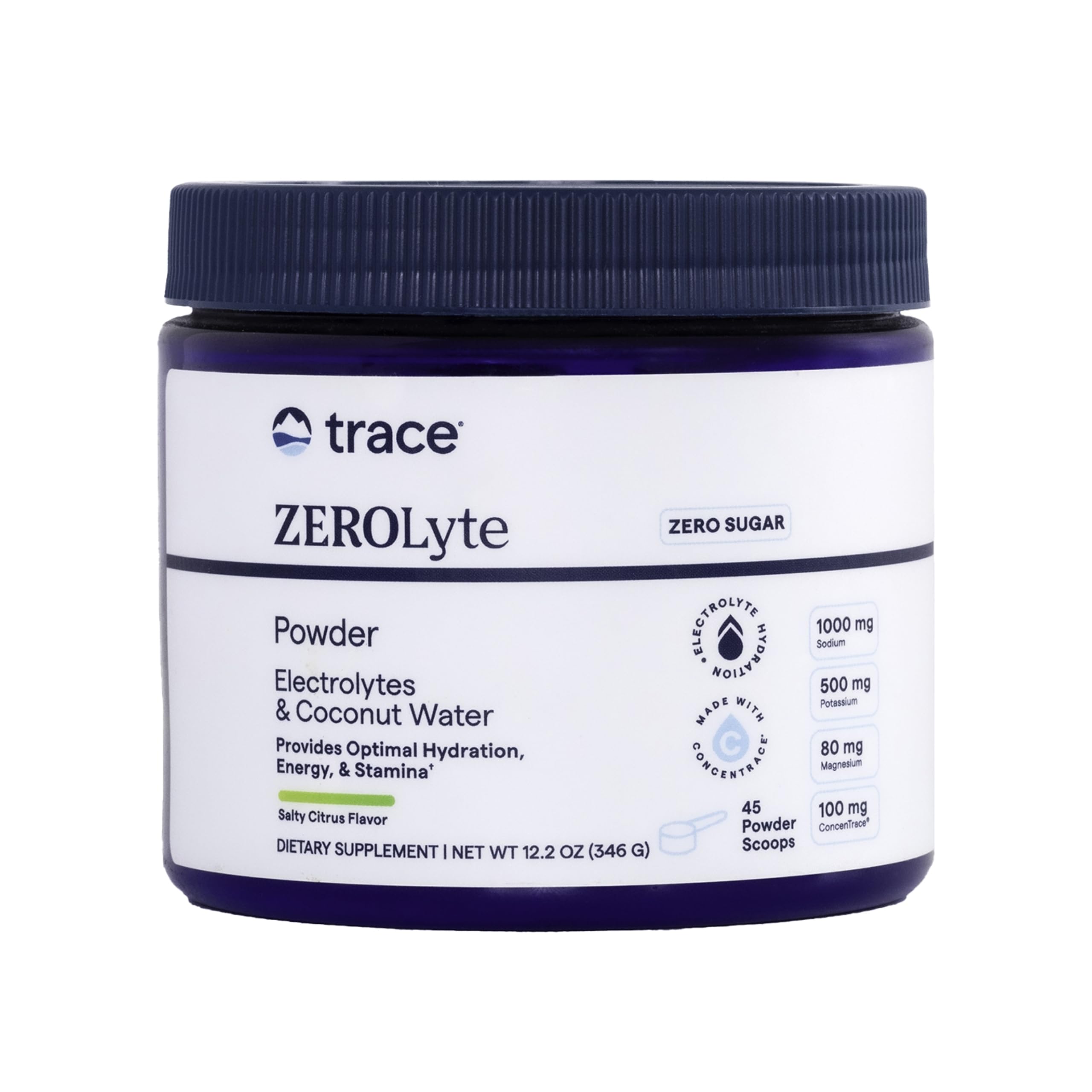 Trace Minerals ZeroLyte salty citrus powder in a tub promoting hydration and electrolyte balance.