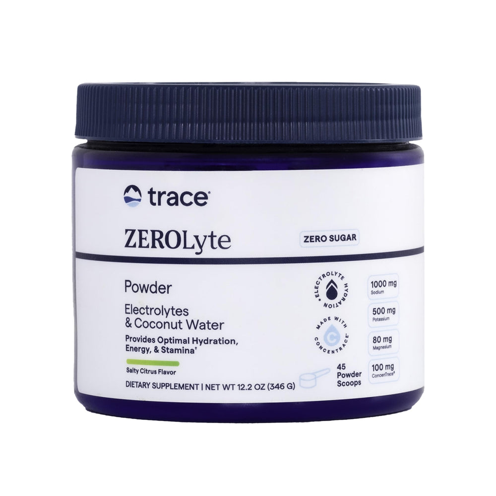 Trace Minerals ZeroLyte salty citrus powder in a tub promoting hydration and electrolyte balance.