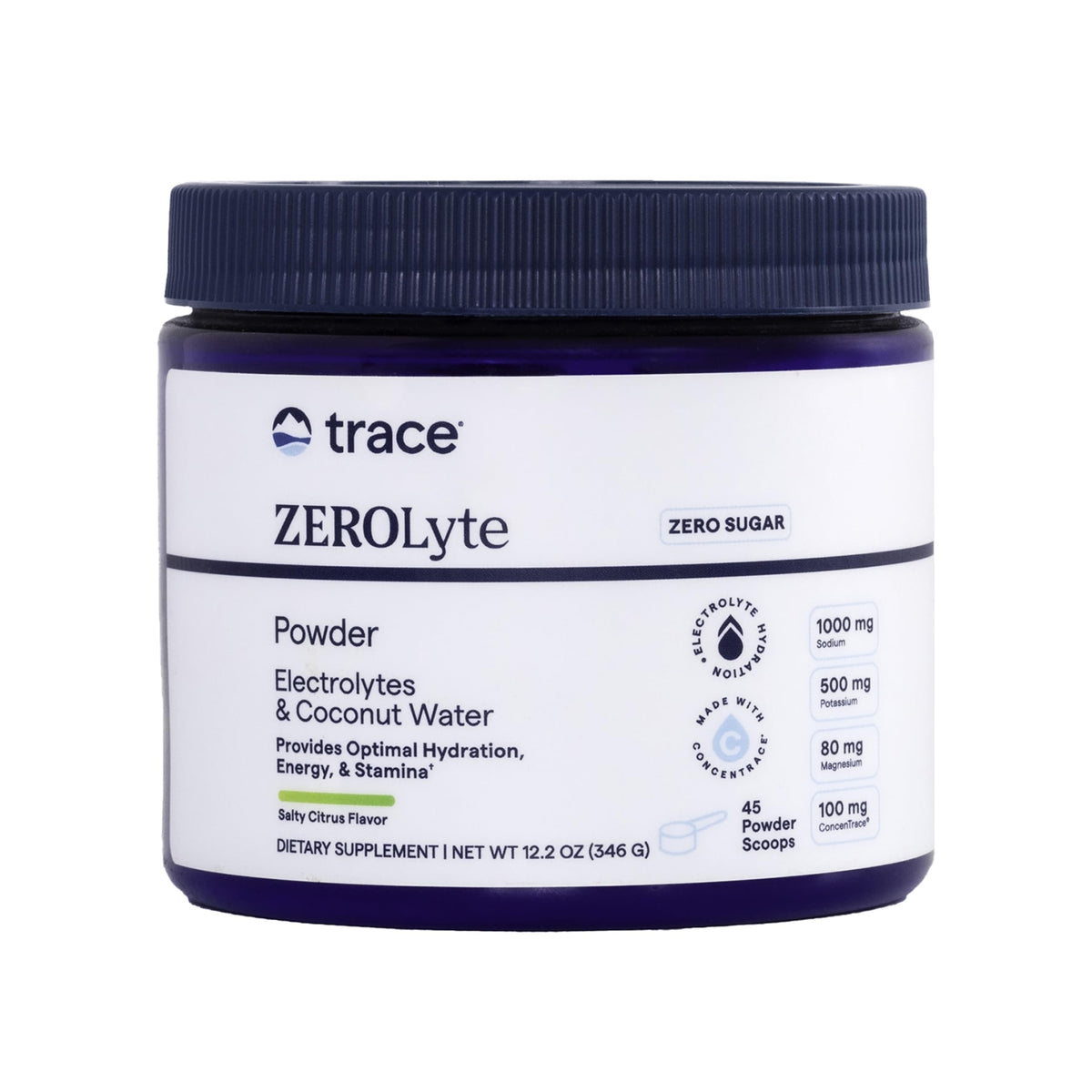 Trace Minerals ZeroLyte salty citrus powder in a tub promoting hydration and electrolyte balance.