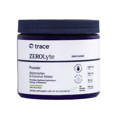 Trace Minerals ZeroLyte salty citrus powder in a tub promoting hydration and electrolyte balance.