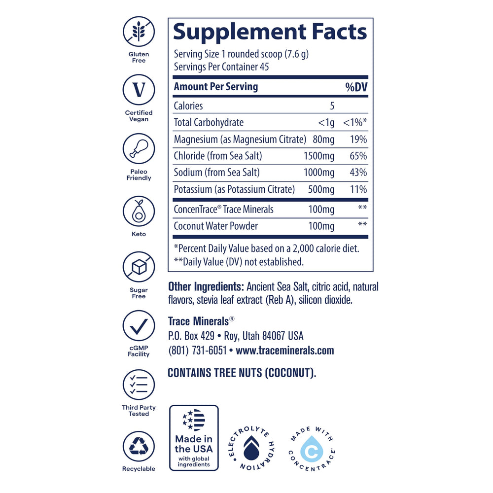 Trace Minerals ZeroLyte salty orange bottle shown for convenient daily electrolyte support