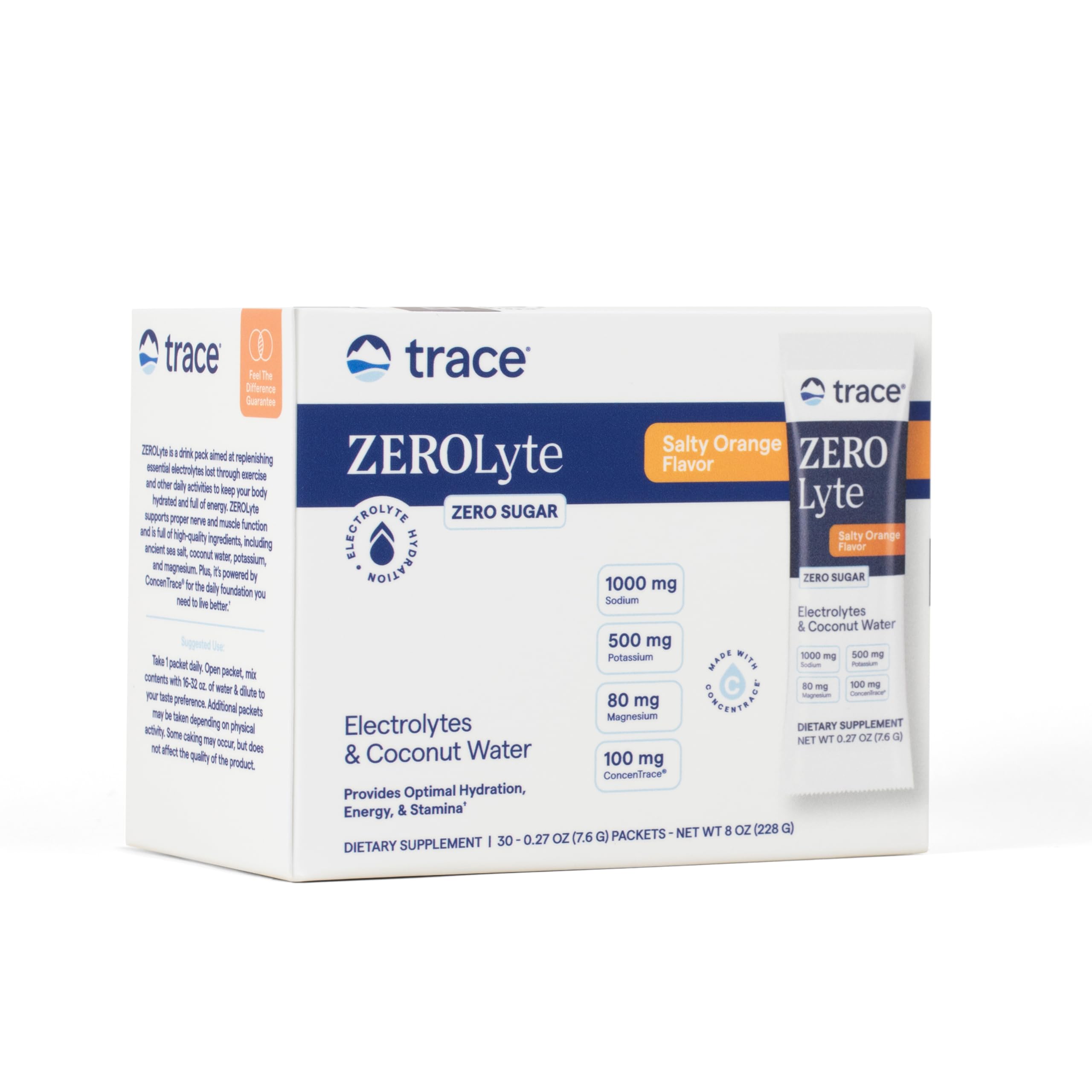 Trace Minerals ZeroLyte salty orange packet for on-the-go hydration without sugar.