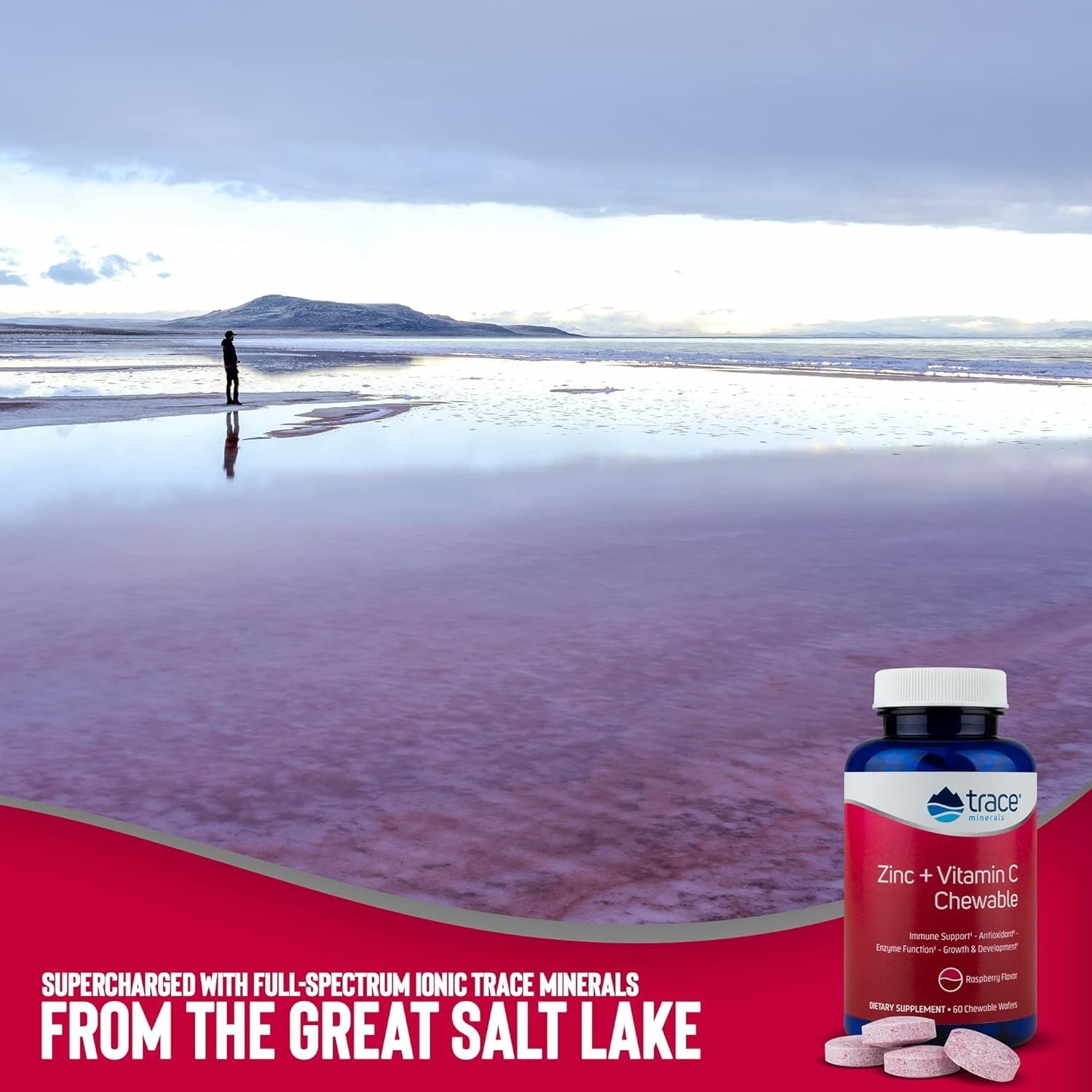 Open bottle with raspberry chewables from Trace Minerals.