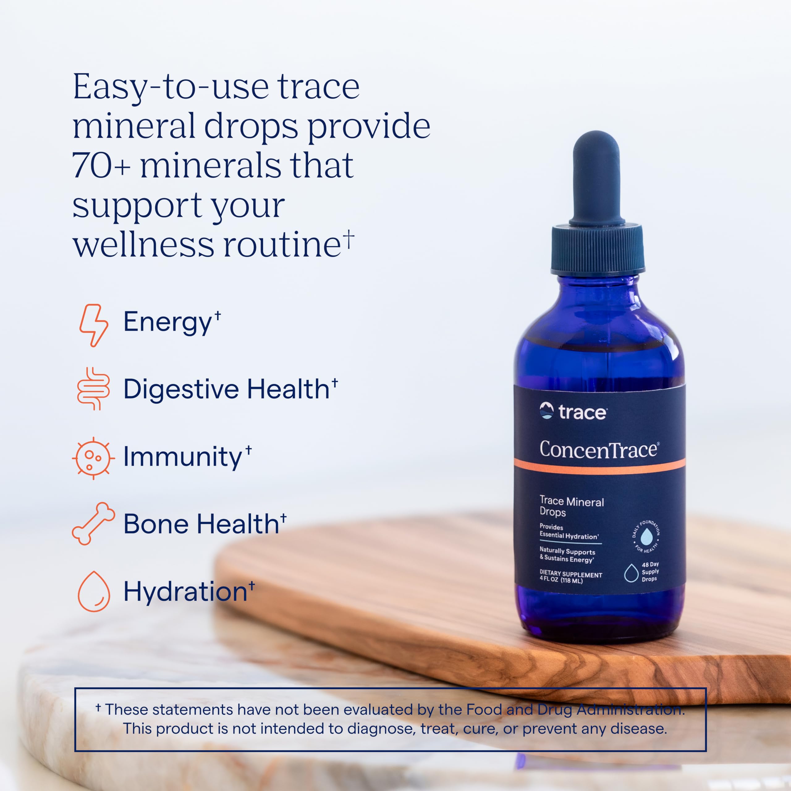 Trace Minerals ConcenTrace drops ready to add to water for daily mineral support.