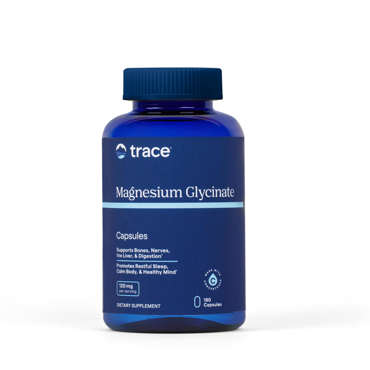 Trace Minerals Magnesium Glycinate bottle demonstrates gentle sleep support and calm energy