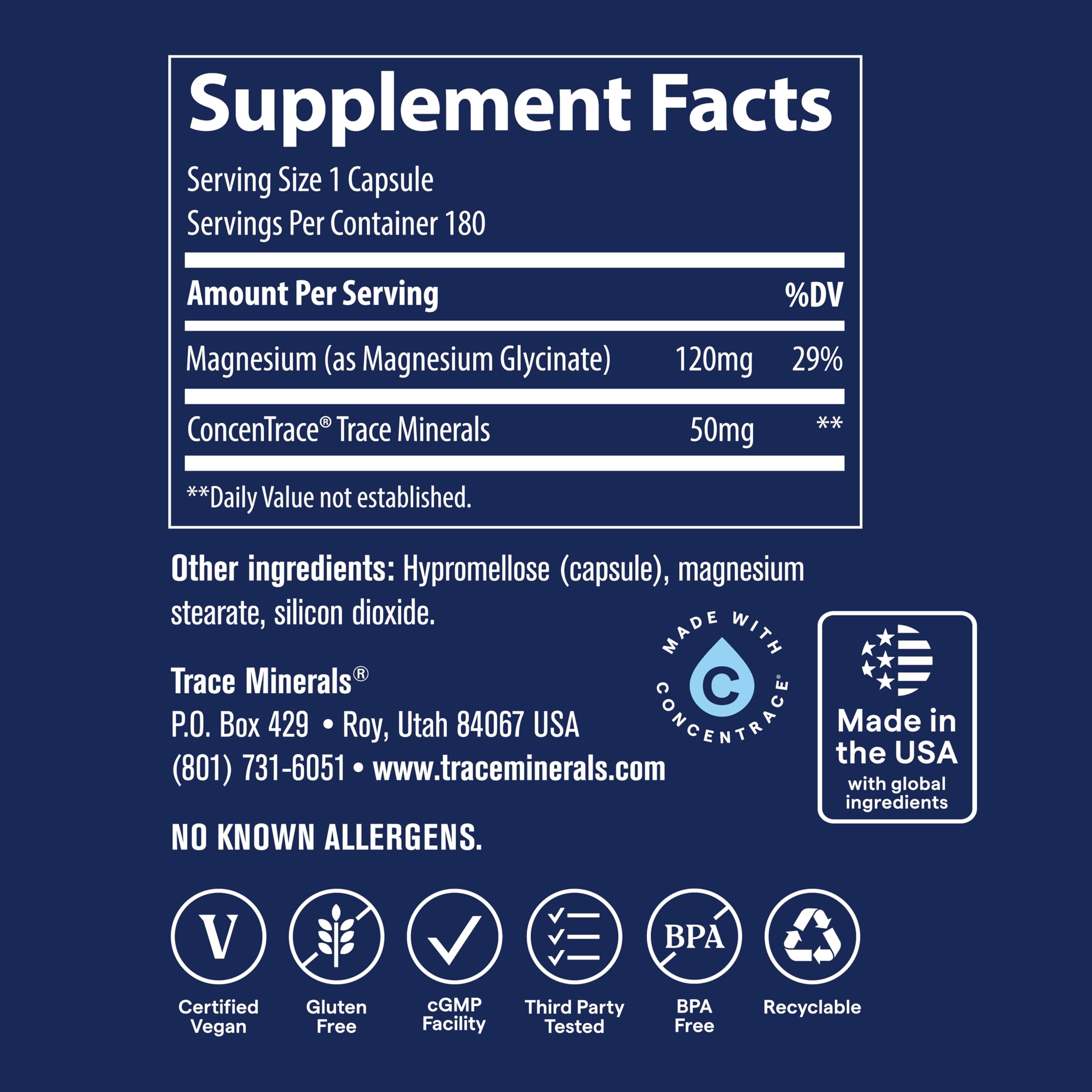 Trace Minerals Magnesium Glycinate packaging showcases mineral blend and mission