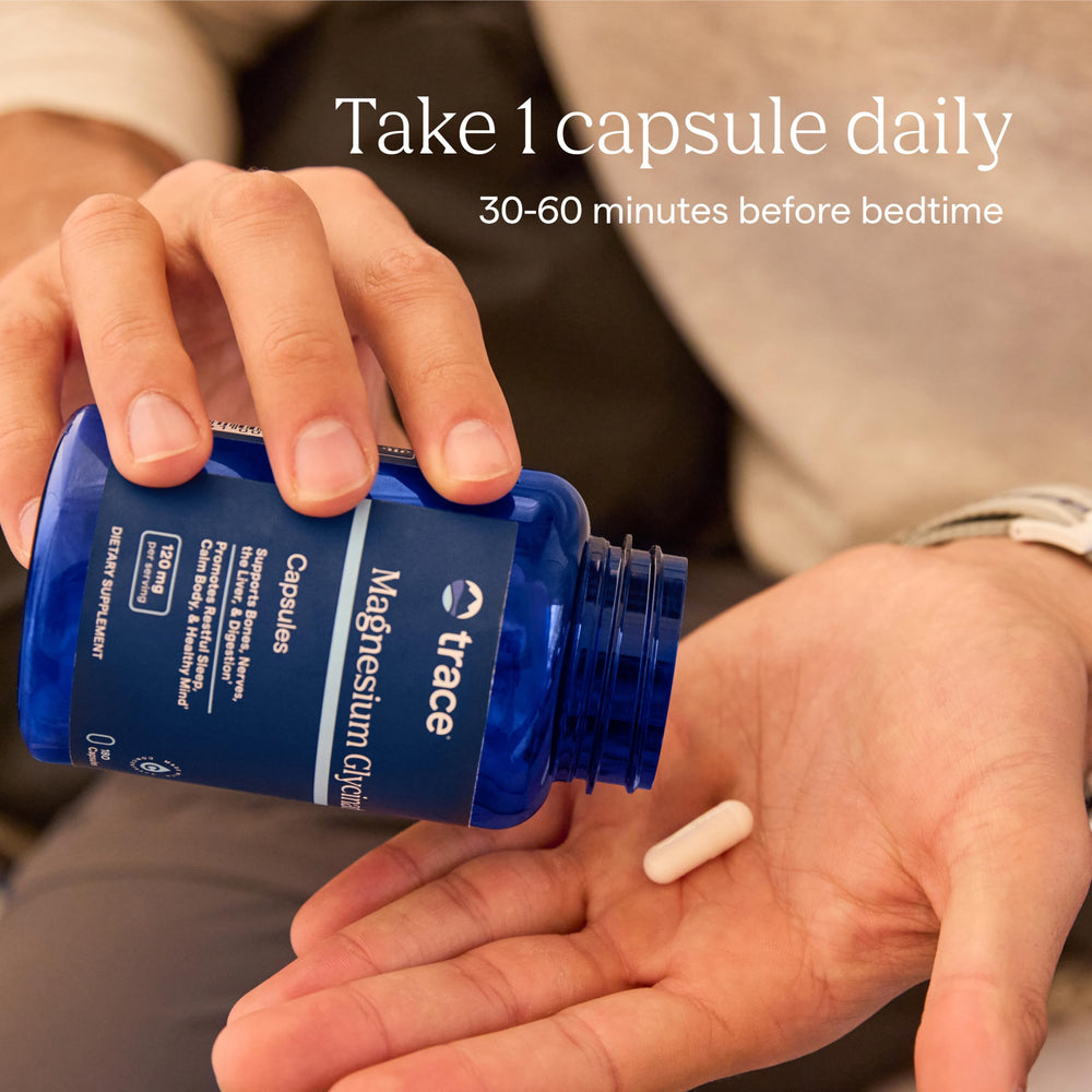 Trace Minerals Magnesium Glycinate bottle pour indicates smooth daily dosage for calm mornings
