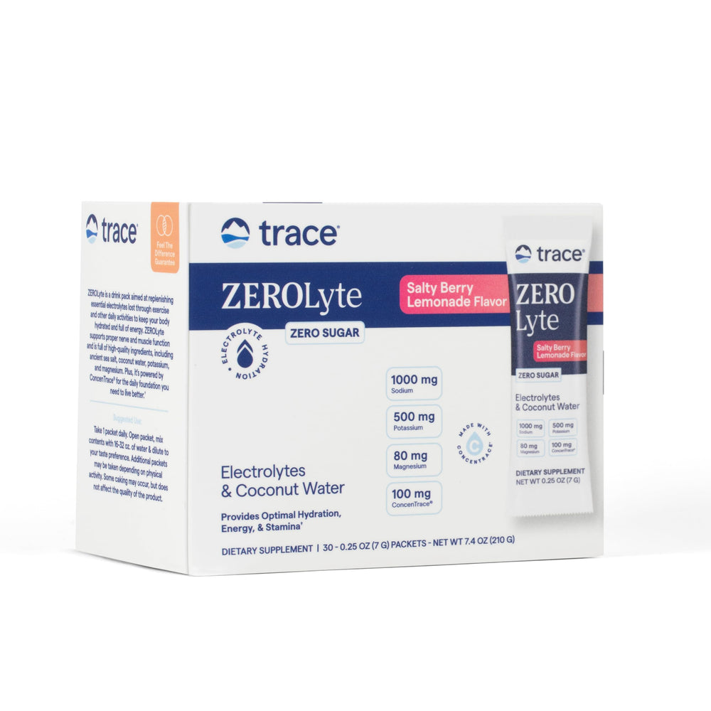 Trace Minerals ZeroLyte salty berry lemonade packet ideal for on-the-go hydration.