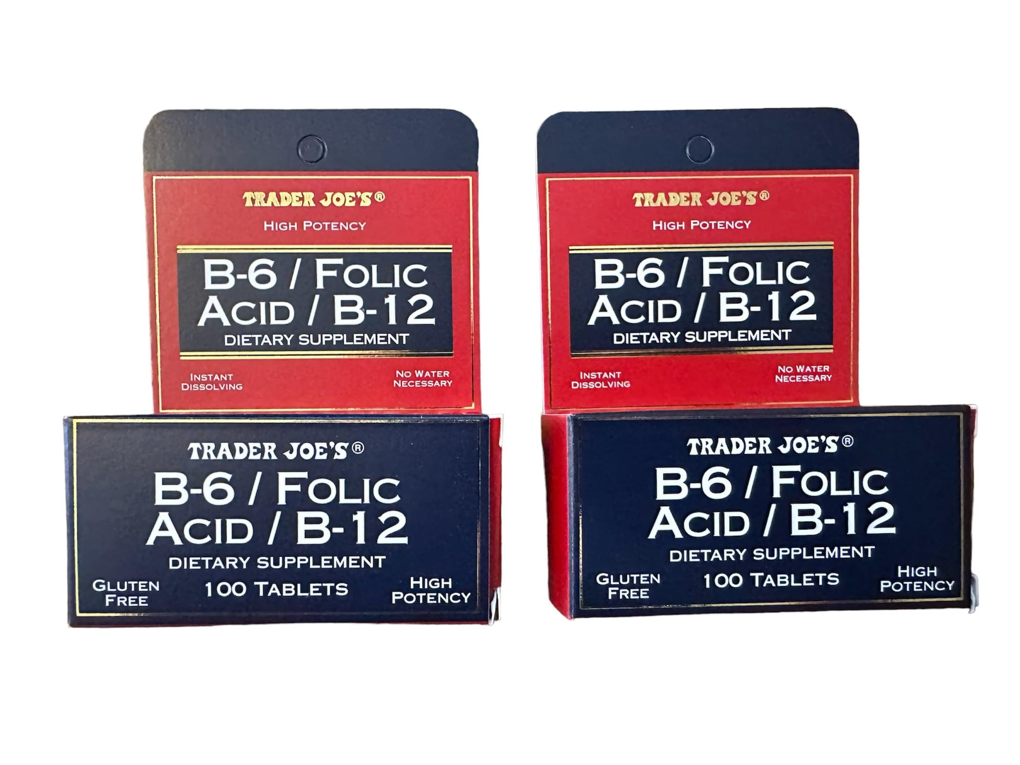Trader Joe's B-6 Folic Acid B-12 bottle, convenient gluten-free daily supplement.