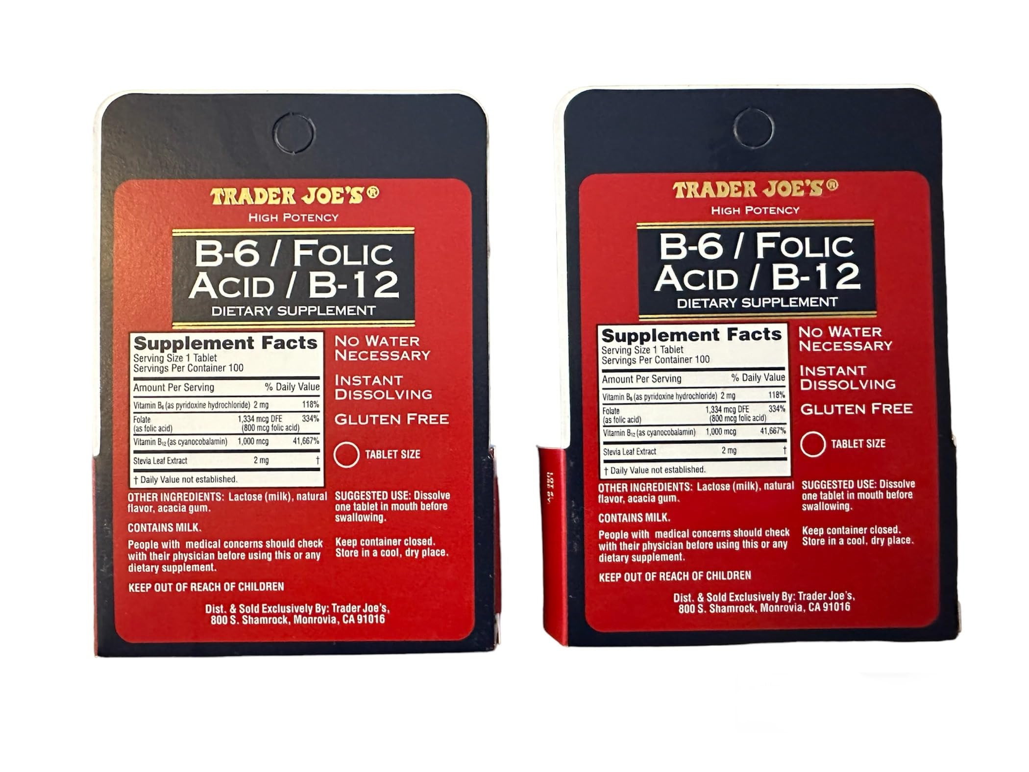 Trader Joe's B-6 Folic Acid B-12 tablets close-up, high potency daily formula.