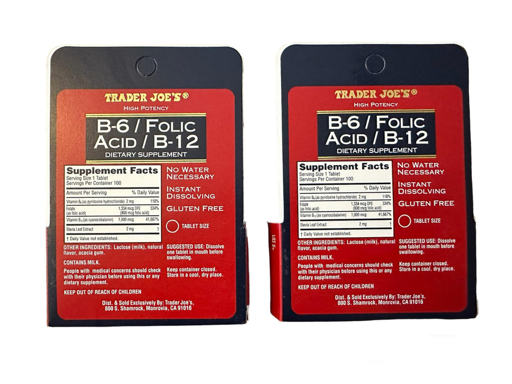Trader Joe's B-6 Folic Acid B-12 tablets close-up, high potency daily formula.