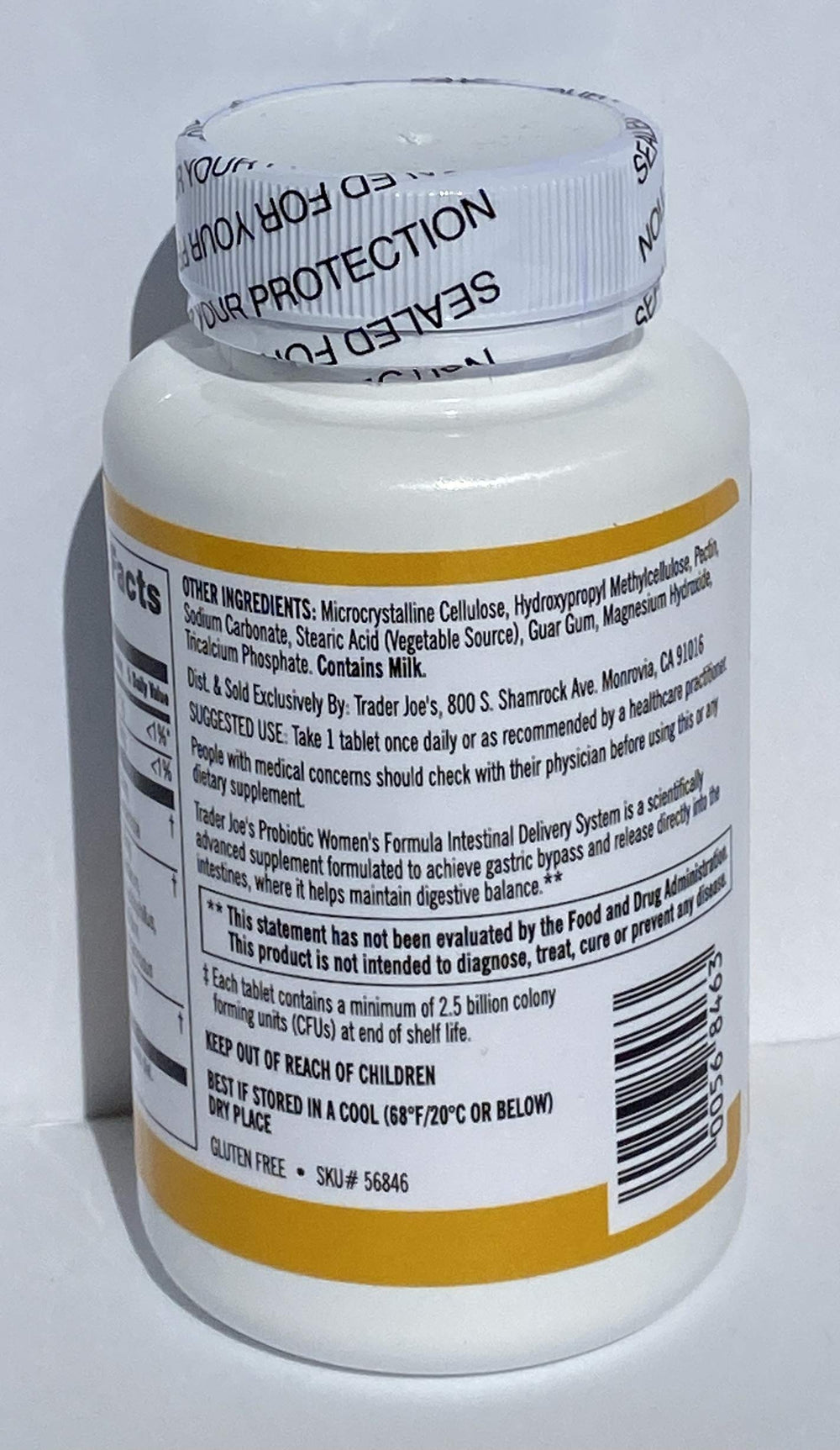 Trader Joe's Probiotic Women's Formula label showing 30 tablets for a month-long routine.