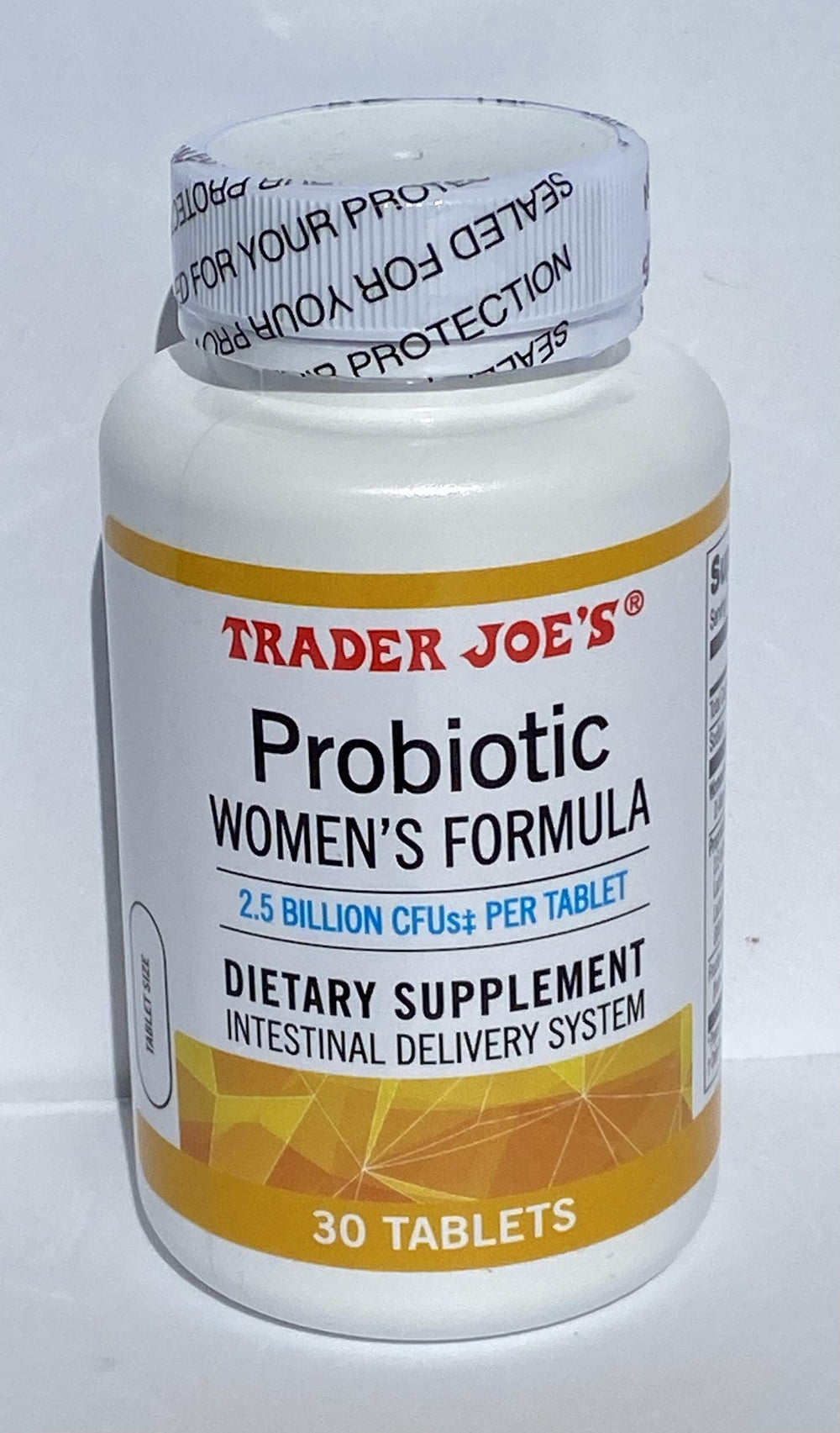 Trader Joe's Probiotic Women's Formula packaging emphasizing intestinal delivery system for targeted potency.
