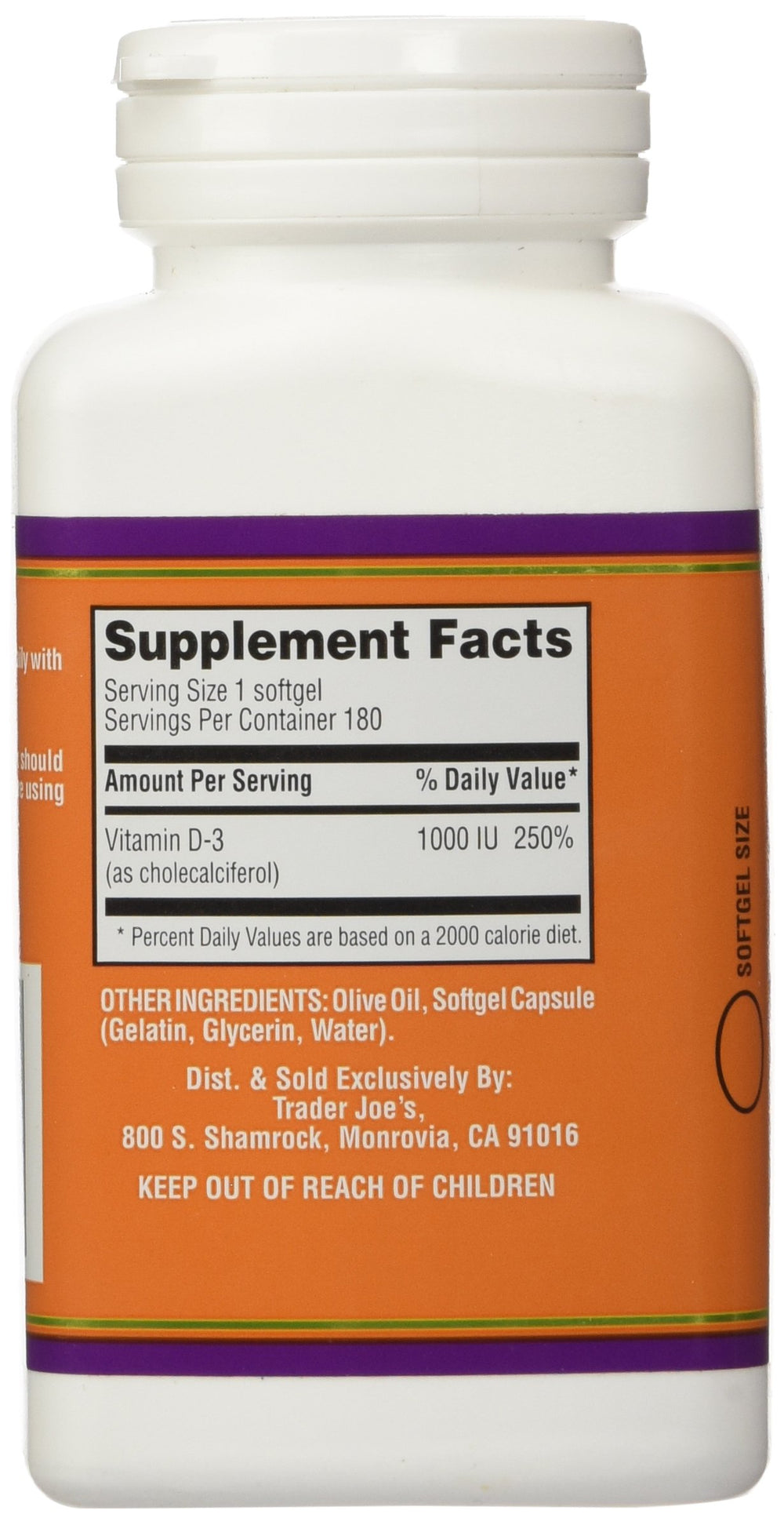 Closeup of Trader Joe's Vitamin D-3 1000IU softgels with flaxseed oil carrier for immune support