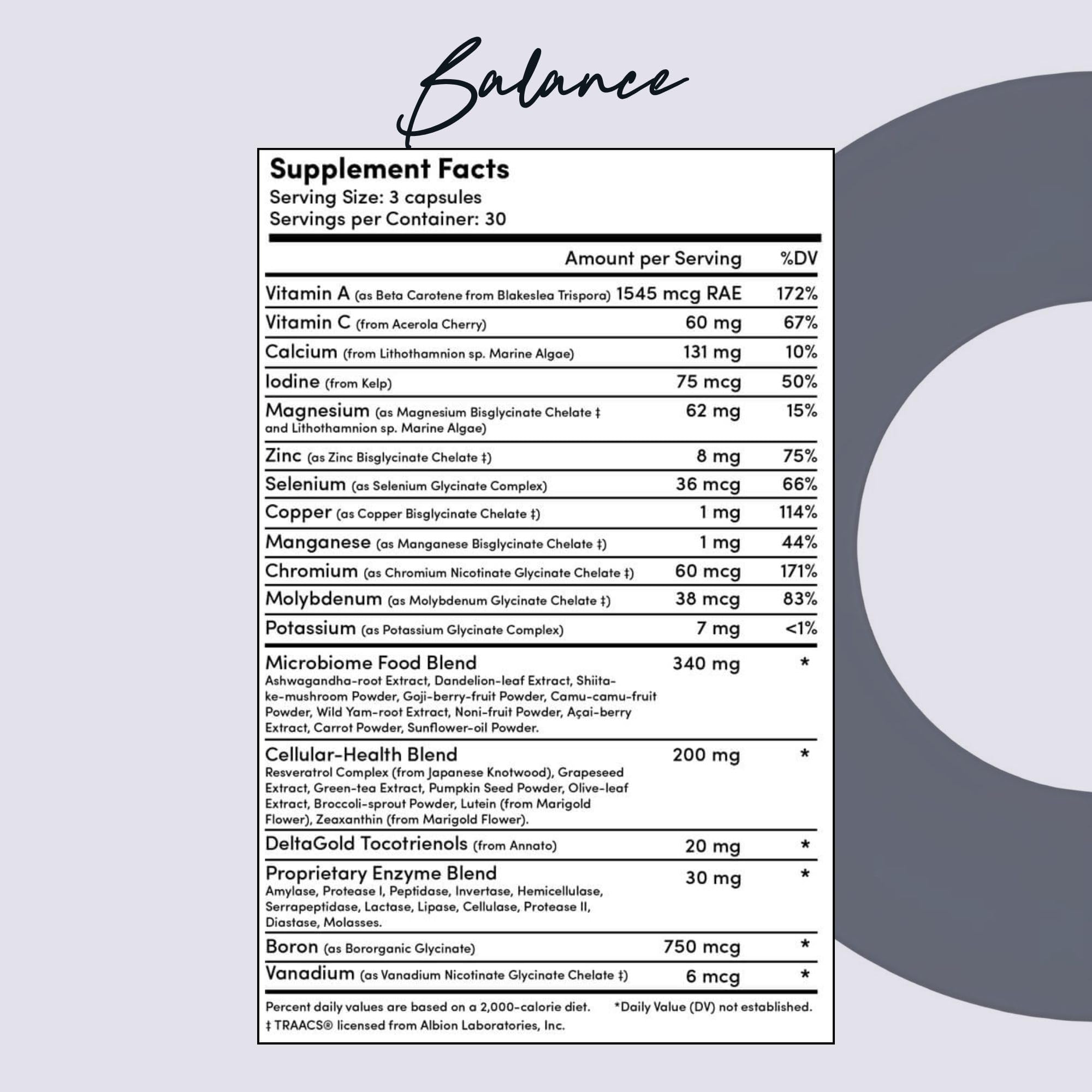 Tranont Balance vegetarian-friendly capsules supporting overall wellness.