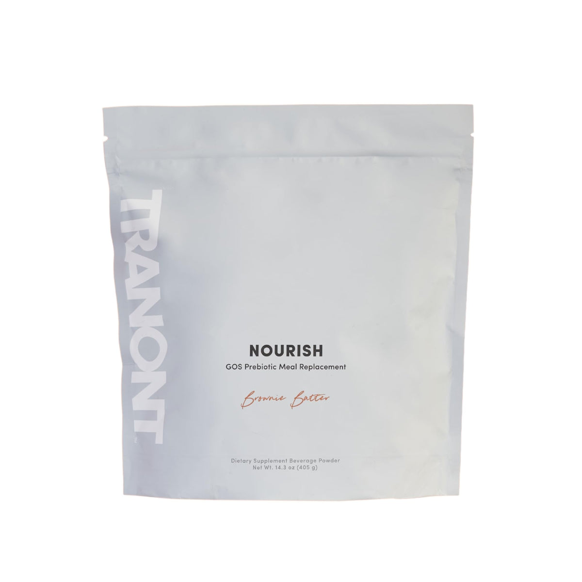 Tranont Nourish GOS shake in tub; brownie batter flavor for convenient gut-friendly nutrition