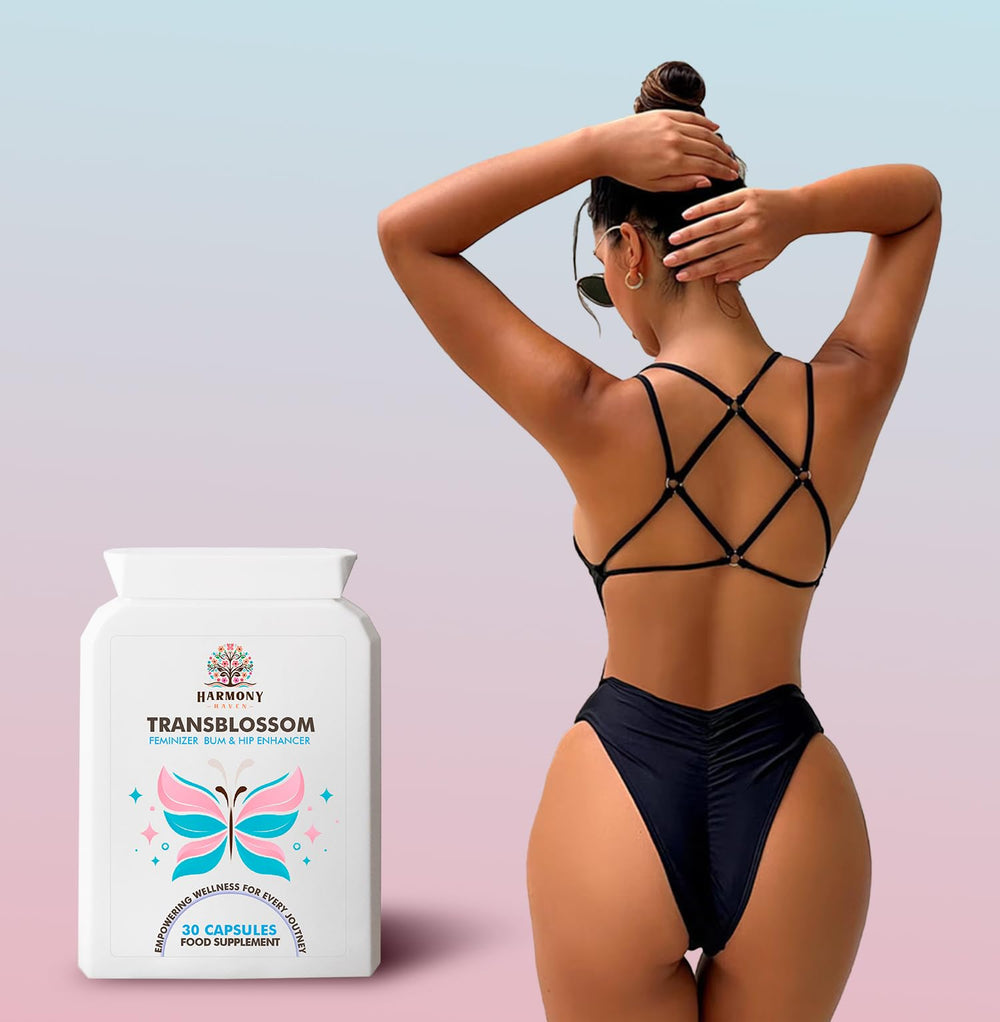 TransBlossom bottle closeup highlights discreet, daily-use capsules for ongoing shape enhancement.