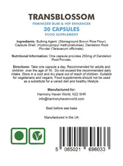 TransBlossom feminizing pills pack on display, evoking a gradual, natural-looking silhouette refinement.