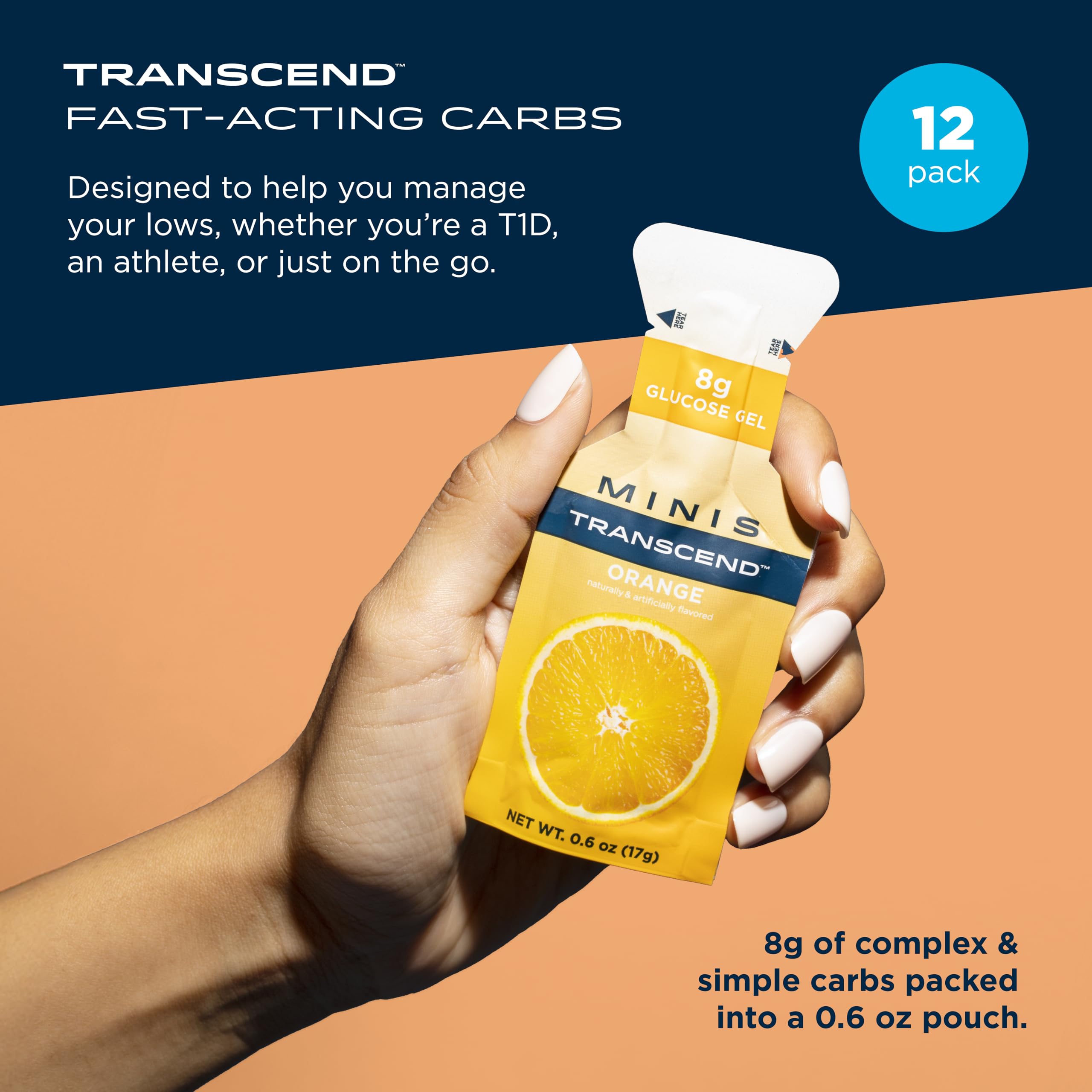 Close-up of Transcend mini orange gel texture in portable pack for quick energy on workouts